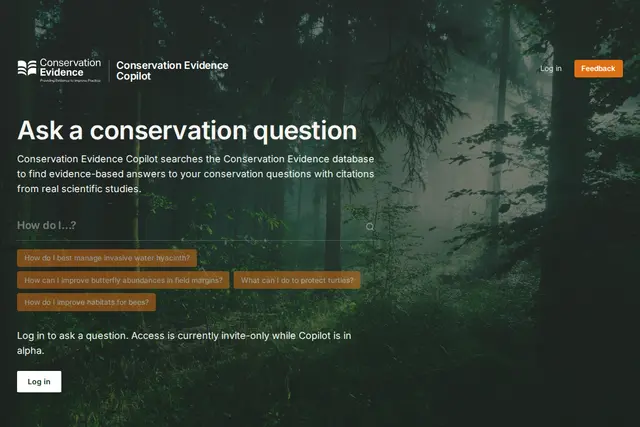 The Conservation Evidence Copilot landing page, inviting a conservation question